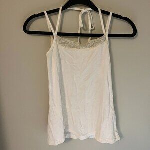 White Lace Trim Double Strap Halter Flowy Tank Top | Size M